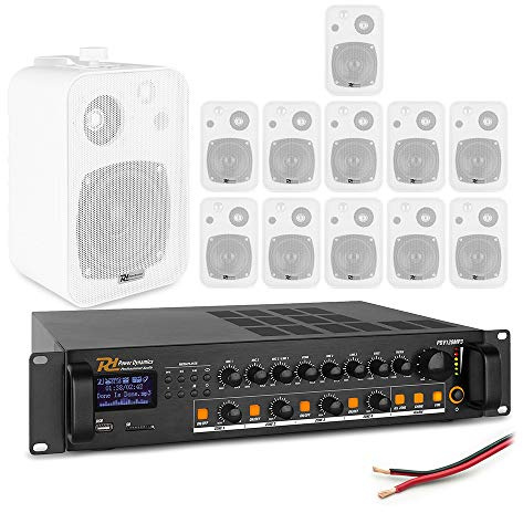 Power Dynamics 4-Zone Wall Mounted Speaker System – 12x 4 White Speakers, Bluetooth Mixer Amplifier 120W, PA Audio Installation Kit for Cafe Restaurant Shop Background Music and Paging