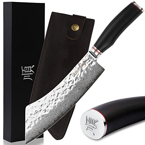YOUSUNLONG Couteaux de rupture 228mm,Couteau de cuisine en acier damas martelé,Manche en bois de plomb avec cuir
