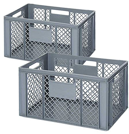 2 Eurobehälter mit 4 Durchfassgriffen, LxBxH 600x400x320 mm, 63 Liter, grau