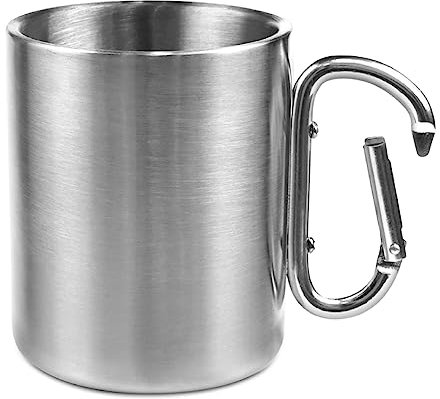 Camping Mug, 220ml Double Walled Carabiner Camping Mug, Portable Stainless Steel Coffee Cup with Carabiner Handle for Travel Hiking Trekking (Silver)