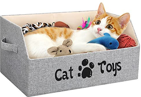 LOVSTORAGE Large Cat Toy Box Cat Toy Storage Basket 2X Thicker Foldable Sturdy Pet Toy Storage Bin Bed for Organizing Pet Toys Treats Clothes and Accessories(Grey)