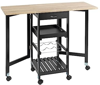 Maximex Küchenwagen mit Rollen 97x77x37cm, rollbarer Servierwagen mit ausklappbaren Seitenteilen & herausnehmbarem Tablett, kompakter Rollwagen mit Arbeitsfläche, Schubladen & Wein Fach
