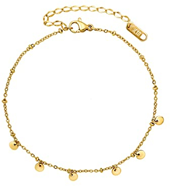 VICKWOOD Fußkettchen aus Wasserdichtem Edelstahl Gold 18K Vergoldung mit Plättchen 20.5 cm bis 26.5 cm verstellbar Geschenkideen für Frauen (Coin-Gold)