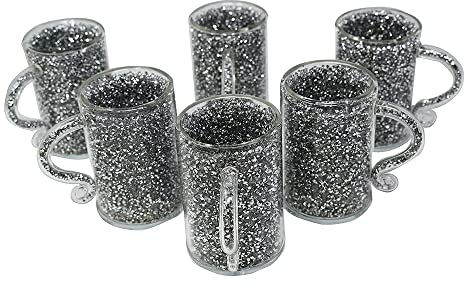 ONE BEST DEAL 6X Sparkly Crushed Diamond Crystal Tea Cup Mug Sparkle Kitchenware Ornament Bing Filled Glass Mug Turkish Coffee Tea Cup Set of 6 Gift