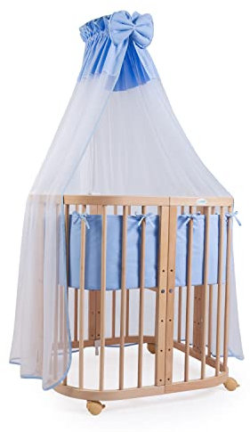 Waldin Babybett aus Holz 7in1 mit Matratze, Mitwachsendes Kinder-Bett, Belüftet, Boden 5-Fach Verstellbar, All-Inclusive-Set, Holz Natur, Stoffe Blau