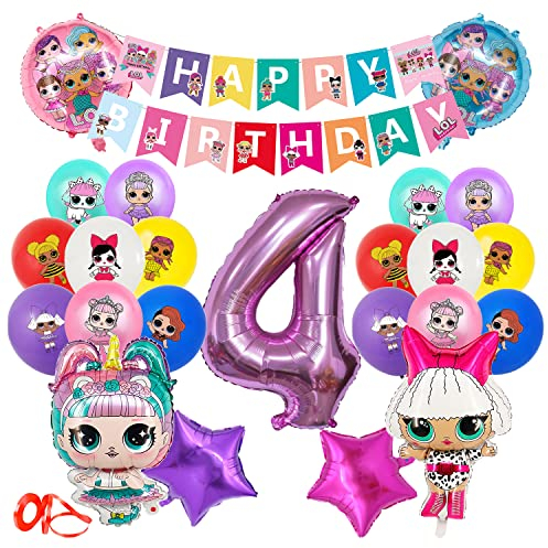 LOL Geburtstag Deko Set, Luftballons Geburtstag Lol 33pcs, Nummer 4 Ballon, LOL ÜBerraschung Puppen Cupcake Topper, LOL Banner, Kindergeburtstag Deko, für Mädchen Thema Geburtstag Party