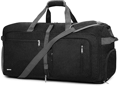 WANDF Reisetasche 65L mit Schuhfach Faltbare Weekender-Reisetasche Handgepäck für Männer Frauen (Schwarz)