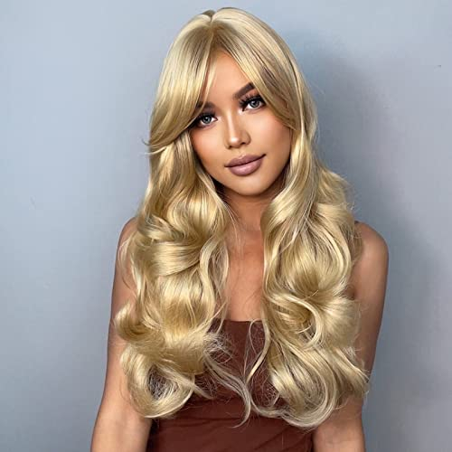 Layhou Lange Perücken Blond, Sexy Gewelltes Haar Perücken mit Haarnetz, hitzebeständiges Synthetik für Frauen, Cosplay, Party, täglicher Gebrauch