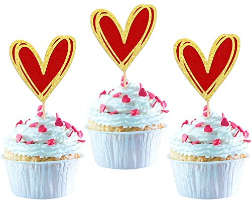 24 Stück Valentine's day Heart Cupcake Toppers Glitter Double Layers Sweet Love Heart Kuchendekoration Valentinstag Thema Hochzeit Braut Dusche Geburtstag Party Kuchen Dekorationen Zubehör Rot
