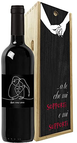 Regalo San Valentino - Bottiglia vino personalizzata e cassa legno - Idea regalo innamorati, anniversario di fidanzamento e di matrimonio (Innamorati, Mano nella mano)