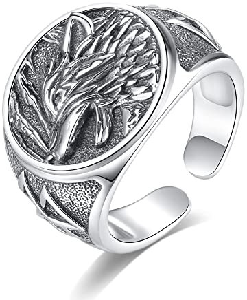 EUDORA Harmony Ball Wikinger Wolf Ring für Damen Herren, 925 Sterling Silber Wikinger von Valknut Ring Einstellbare Amulett Witcher Ring Vintage Schmuck Geschenk für Frauen Frau Ehemann Mutter Vater
