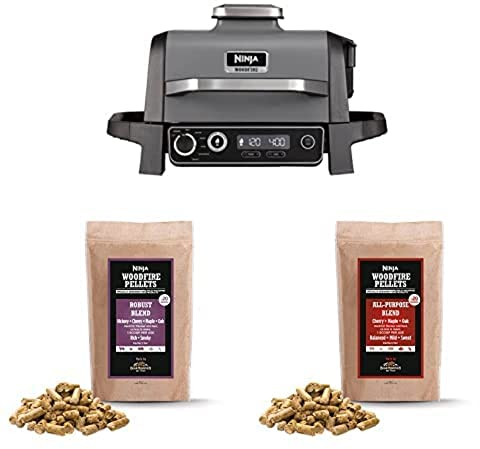 Bundle of Ninja OG701UK Woodfire Electric BBQ Grill & Smoker, 7-in-1 Outdoor Grill & Air Fryer + Ninja Woodfire Pellets, Robust Blend XSKOGRBLPL2UK 900g Bag+All-Purpose Blend XSKOGAPBPL2UK 900g Bag