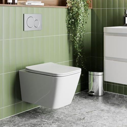 Affine® Eleve Modern Bathroom Cloakroom Wall Hung Rimless Toilet Space Saving Small WC Toilets Soft Close Top Fix Seat Square Pan Ceramic, White Gloss