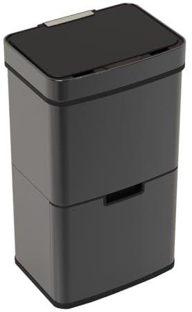 CHARLES BENTLEY Kitchen Bin, Triple Compartment, Black, 62 Litre, Sensor Bin, Recycle, Waste, Rubbish, Trash, Bucket, Soft Close, Timer, Automatic Lid, Manual Function, Anti Fingerprint (74.5x42x31.5)