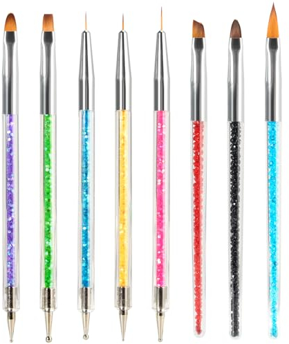 8 Pcs Kit de Pinceau Nail Art Ongles, Brosses de Ongle Art, 5 Pcs Dotting Pen Strass Nail Art Dotting Tools avec 3 Nail Art Design Pinceaux pour Nail Art