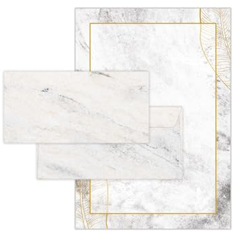 Briefpapier-Set 10 Briefbögen DIN A4 + 10 Umschläge DIN-lang haftklebend Marmor grau Papier Goldene Tropische Blättern beidseitig beschriftbar und bedruckbar für Ostern Taufe Kommunion
