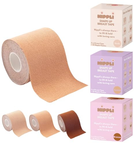 Nippli Shape Up Breast Tape Tanned – Boob Tape extra Breit & Feuchtigkeitsbeständig – Nipple Cover 7,5cm x 5m, inkl. 10 Nipple Pads – Brust Tape für den perfekten Halt ohne BH – go Braless