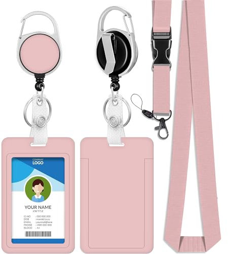 bolimoss Cordon rose avec porte-carte pour clés, porte-badge coulissant - Étui en plastique avec bobine rétractable et mousqueton - Cordon tour de cou amovible pour femmes, filles, étudiantes