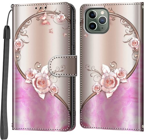 Salanheo Wallet Case for iPhone 11 Pro, pink rose | Card Slots, Kickstand, Shockproof, Magnetic Closure, PU Leather, Flip Wallet Book, Lanyard Strap
