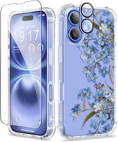 GVIEWIN Kompatibel mit iPhone 16 Hülle,[Kamerasteuerung Button]mit Display& Kameraschutz,Stoßfest Fallschutz Kratzfest Klar Nicht gelb Blumen Dünn Handyhülle für Frauen,Aconitum/Blau