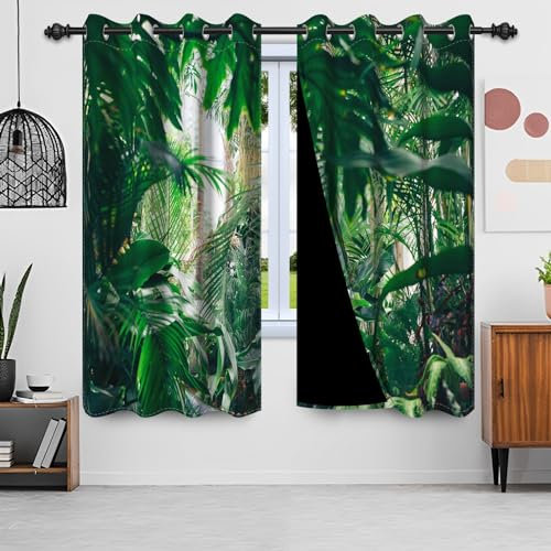 Uiiooazy Rideaux Occultant Forêt, Rideaux Occultant Feuilles de Palmier Vert Motif Rideaux Thermiques Isolants Anti Froid et Anti Chaleur Rideaux À Oeillets pour Chambre Salon, Lot de 2, 60x120cm