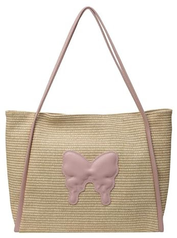 DUOMIYX Bolso de la Paja Mujeres Decoración del Arco De La Moda Bolso De Paja De Verano-Rosa