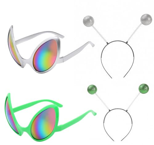 4 Stück Alien Brille Alien Haarreif Anzug, 2 Stück Antennen Kopfband 2 Stück Alien Sonnenbrille Alien Kostüm FüR Halloween, Weihnachten, Karneval Party Kostüm Zubehör