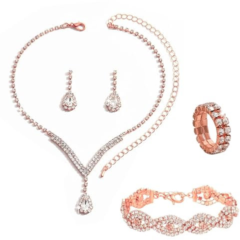 KBRPEY Parure Gioielli Set per Donna Collana con Pendente Orecchini Bracciali e Anelli Set da Gioielli Set per Prom per Ragazze (Oro rosa)