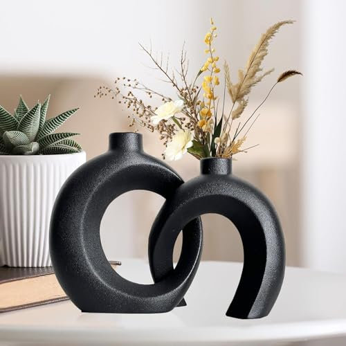 Schwarz Keramik Deko Vasen - Donut Vase Set Für Pampas Trockenblumen deko - Modern Boho Aesthetic Blumenvasen Home Decor - Wohnzimmer Esstisch Couchtisch Tischdeko Room Kamin Zimmer Bücherregal Decor