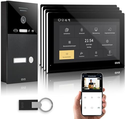 GVS - IP Video Türsprechanlage mit Türöffner, RFID Zugang, HD Kamera, 4X 10 Zoll Monitor & App - Smarte Video Türklingel mit Kamera & Gegensprechanlage für 1 Familienhaus (AVS5539A)