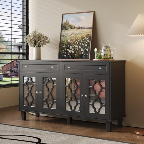 Aoskem Sideboard Kommode mit Stauraum 2 Schubladen und 4 Spiegeltüren, 140x40x83cm Buffetschrank Küchenschrank Wohnzimmer möbel komodenschrank Schließfach Standschrank Anrichte Hochschrank (Schwarz)