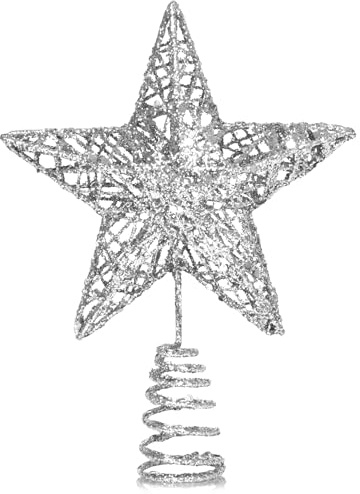 GXFCING Silver Christmas Tree Topper Large Glitter Star for Christmas Tree 3D Metal Hollow Tree Top Star for Xmas Tree Topper Christmas Home Decorations 25cm