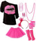 Generisch 80er 90er Jahre Outfit Damen, 5Pcs 80er Faschingskostüme Damen Mit T-Shirt Stirnband Ohrring Halskette Brille Kostüme Erwachsene Lustig Schwarzes Tshirt Neon Schrift Mädchen