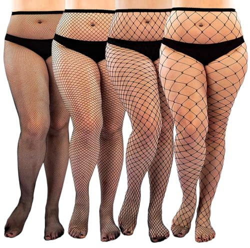 WOOKIT Netzstrumpfhose Große Größe, Strumpfhose Schwarz XL-3XL, Strumpfhosen Damen Netz, Sexy Hohe Netzstrümpfe -4 Paar Gemischtes Schwarz