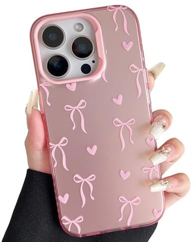 ZTOFERA Pink Bow Case for iPhone 16 Pro Max (6.9), Aesthetic Phone Case with Cute Ribbon Bowknot Pattern, Glossy Hard PC Back Silicone Bumper Shockproof Protective Cover for Girls Women - Love Heart
