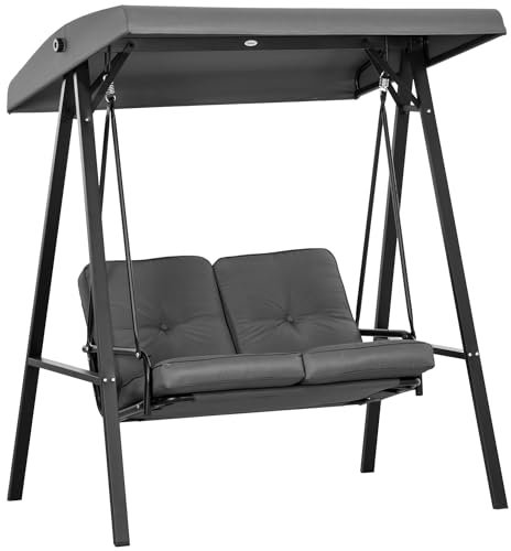 Outsunny Hollywoodschaukel 2-Sitzer Gartenschaukel mit verstellbarem Sonnendach, Schaukelbank belast bis 220kg, Gartenliege für Garten, Terrasse, 145 x 116 x 172 cm, Dunkelgrau