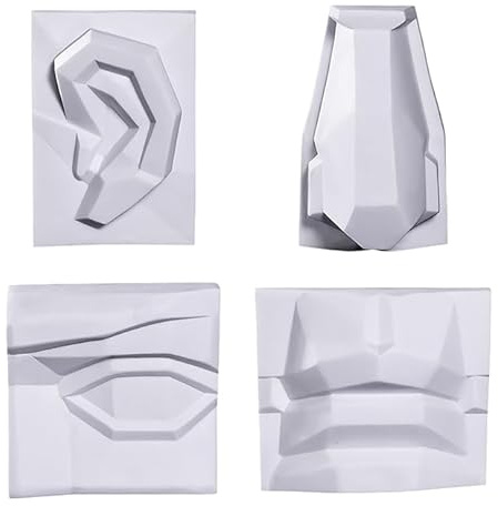 Kunstharz-Pflaster-Skulptur mit Gesichtszügen (Augen, Ohren, Nase, Mundkontur und Schattierung), Skizze und Farbe, universell, Stillleben-Zeichnung und Portraitformung, Lernwerkzeug (ein Set mit 4