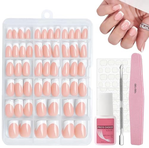 French False Nails Kit, 240Pcs Square Press on Nails with Glue Set, Fake Nails Nude Color French False Nail Kit - 15 Sizes Full Cover Stick on Nail for Women Girls Nail Art Manicure