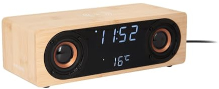 Karlsson Altavoz Bluetooth Radio Reloj despertador con pantalla LED y carga inalámbrica (bambú)