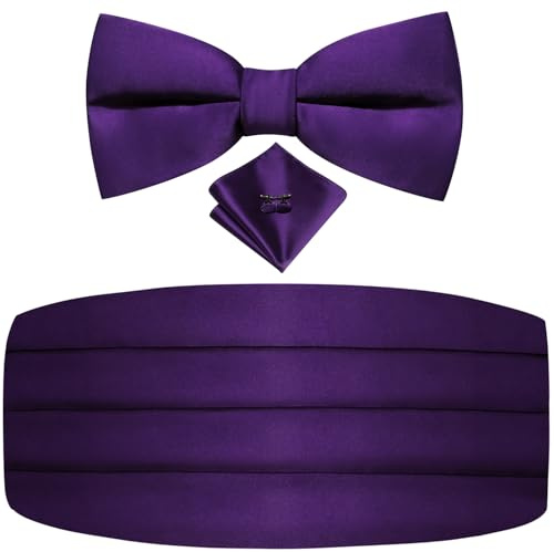 Dubulle Mens Cummerbund and Bow Tie Set Paisley Floral Pretied Bowties for Men Pocket Square Cufflinks Wedding Business, Purple a, M