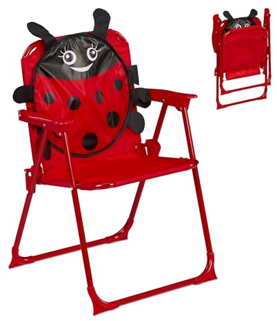 Relaxdays Kinder Klappstuhl, Campingstuhl Marienkäfer-Motiv, HBT 51,5x36x37,5 cm, Picknickstuhl outdoor, Faltstuhl, bunt