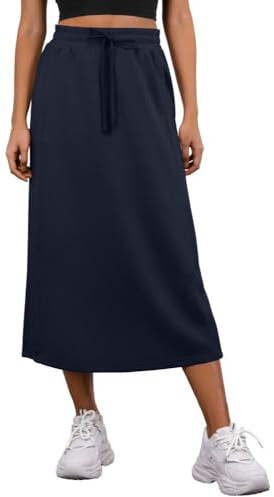 PrinStory Women's Midi Skirts Summer Elasticated Waist Ladies Skirts With Pockets And Back Split