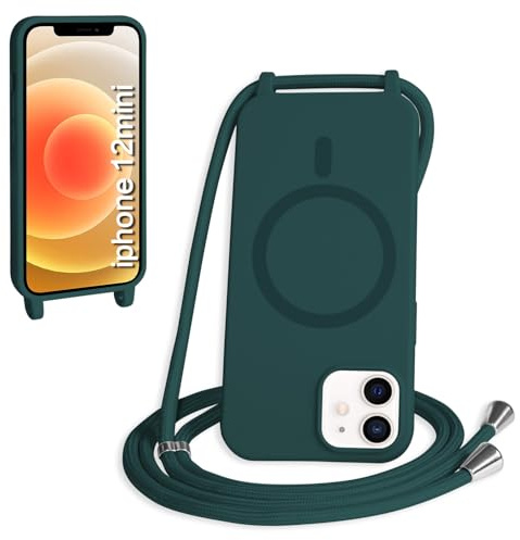 FMPCUON Magnetisch Handykette für iPhone 12/12 Pro Hülle,Necklace Hülle mit Bands Handyhülle für zum Umhängen Kordel,kompatibel mit Magsafe Silikon Case mit Handykordel,Grün