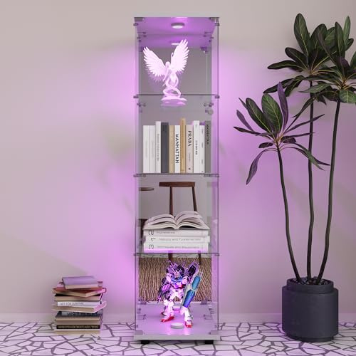 JYNVO Vitrine en verre blanc avec serrure, vitrine en verre trempé avec éclairage et 4 étagères, vitrine moderne autoportante, vitrine de collection (blanc)