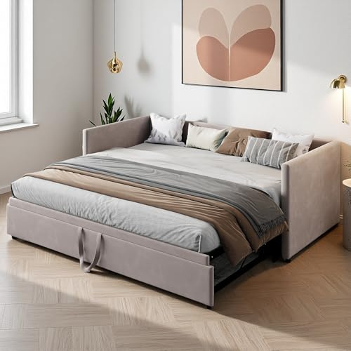 Lietre Polsterbett Schlafsofa Ausziehbar 90/180 x 200 cm, Einzelbett Daybed, Jugendbett Schlafsofa mit Lattenrost, Schlafcouch Ausziehbett Gleiche Höhe Bett, Samt, Ohne Matratze (Grau)