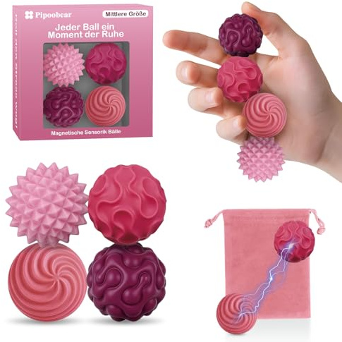 Pipoobear Fidget Toys, 4 Stück Groß Magnetische Fidget Bälle - Rosa | Silikon Magnetic Fidget Balls, Magnetische Sensorik Bälle, Magnetkugeln, Silikon Sensorik Spielzeug für Erwachsene & Kinder