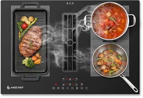 AMZCHEF Induktionskochfeld mit Integriertem Dunstabzug, 4 Kochzonen, 7200W Gesamtleistung, 650m³/h Automatische Hob2Hood-Belüftung, 9 Leistungsstufen, Timer & Kindersicherung, Boost & Flexzonen