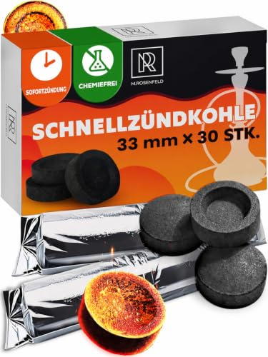 M. ROSENFELD Räucherkohle Selbstzündend 33 mm 30 Stück – Schnellzünder Kohletabletten für Weihrauch, Räucherwerk, Shisha & Grill – bis zu 60 Min Brennzeit, ca. 600 °C, geschmacksneutral & rauchsauber