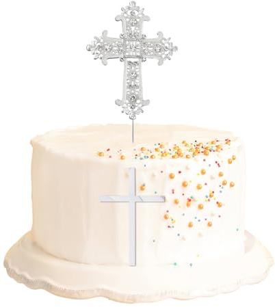 Wasise Cross Cake Topper - 2PCS Baptism Cake Topper with Rhinestone and Acrylic Designs, Glitter Cross Religious God Bless Cakes, Christening Decorations for Birthday Baby Shower Crossing Toppers