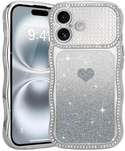 Teageo for iPhone 16 Plus Glitter Case, Lovely Heart Wave Frame, Silver | for Women Girls, Wave Curly Bumper, Sparkle Rhinestone Diamonds, Shockproof Cute Bling Cover